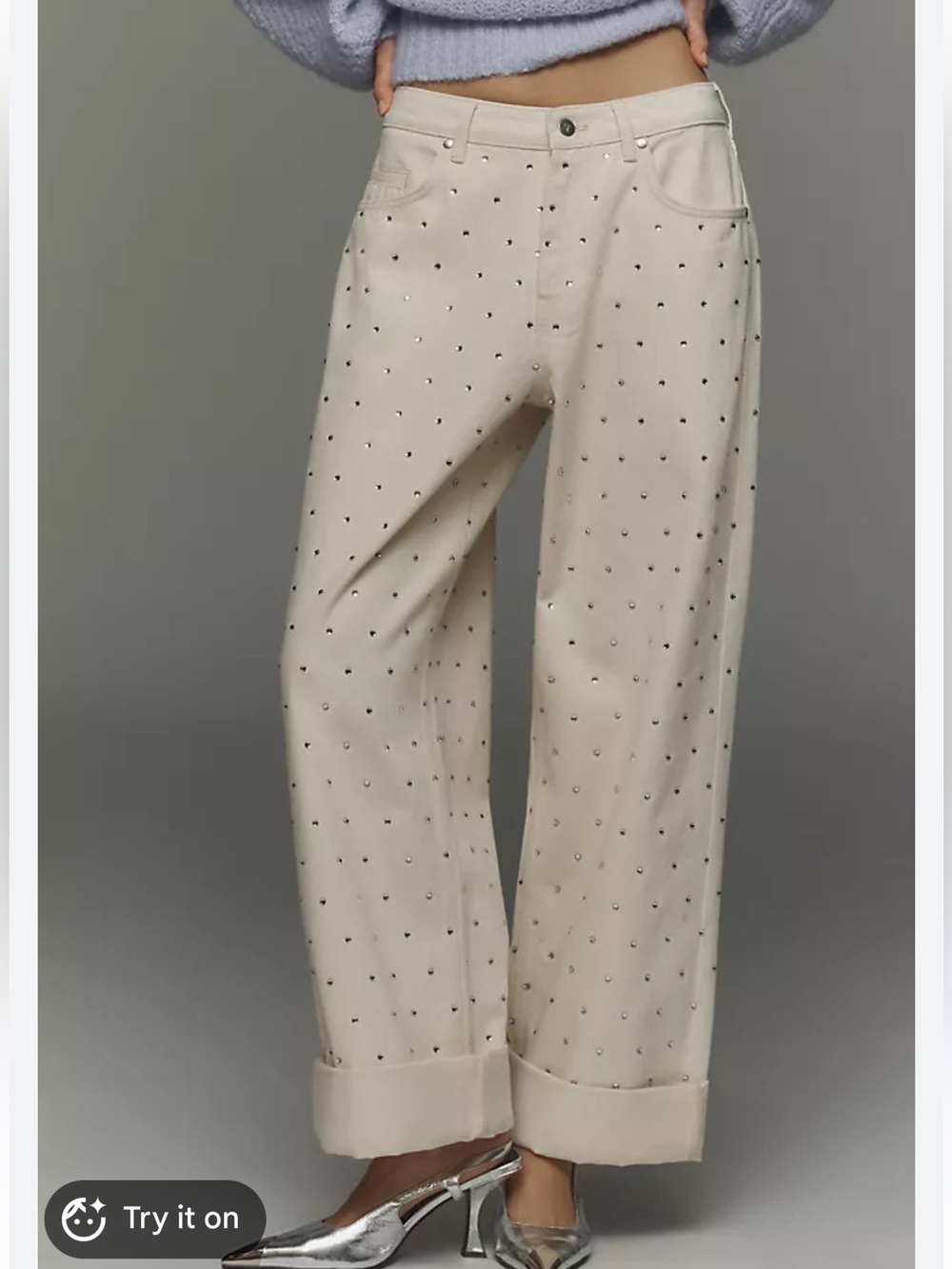 PILCRO ANTHROPOLOGIE RELAXED WIDE LEG CUFFED SPARKLE JEAN PANT CREAM 30